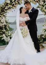 Lisa | Stunning Boho Ball - Gown/Princess Off the Shoulder Floral Applique Wedding Dress with Long Train - White - PromDressClub