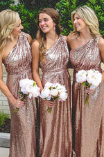 Lorraine | Long Sequins Rose Gold Bridesmaid Dress One Shoulder - Rose Gold - PromDressClub