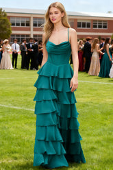 Luminance Peacock Tiered Ruffled Cowl Neck Prom Dress | A - Line Spaghetti Straps Corset Pleated Satin Dress with Slit - US0 - PromDressClub