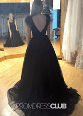 Mabel |Long Black Prom Dresses Near Me With A Line V Neck Sequined Tulle Slit - Price #price_variant_lowest# - Black - PromDressClub