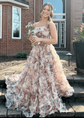 Madge | A Line Ivory Floral Print Ruffle Long Dress - Price #price_variant_lowest# - Ivory Floral - PromDressClub