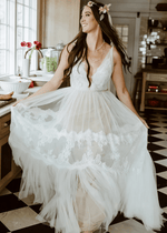 Mag | Bohemian A Line Backless Lace Tulle Wedding Dress - Perfect for Outdoor Weddings - White - PromDressClub