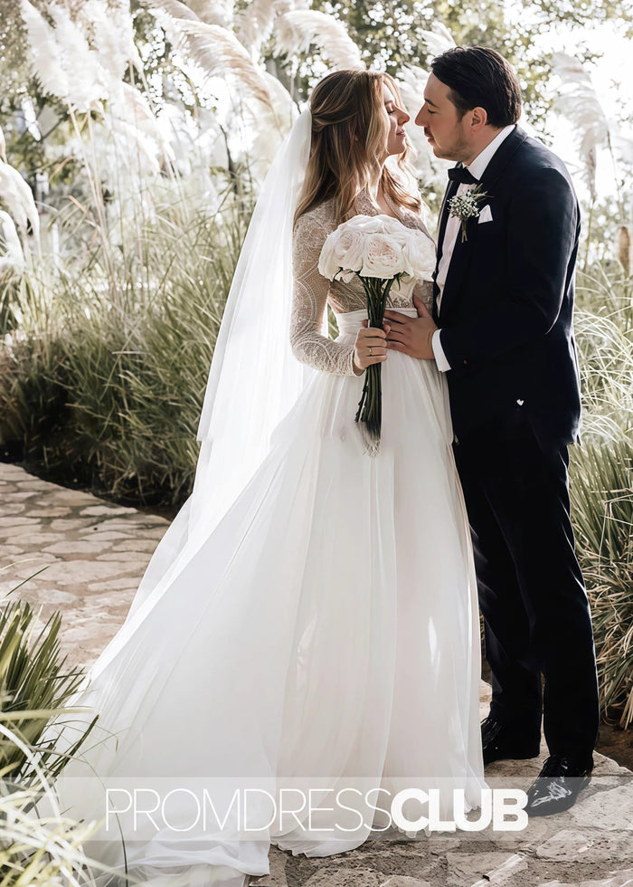 Mag |Long White Wedding Dresses Near Me With Luxurious Lace Beading Long Sleeves A - Line Pleated Tulle - Price #price_variant_lowest# - White - PromDressClub