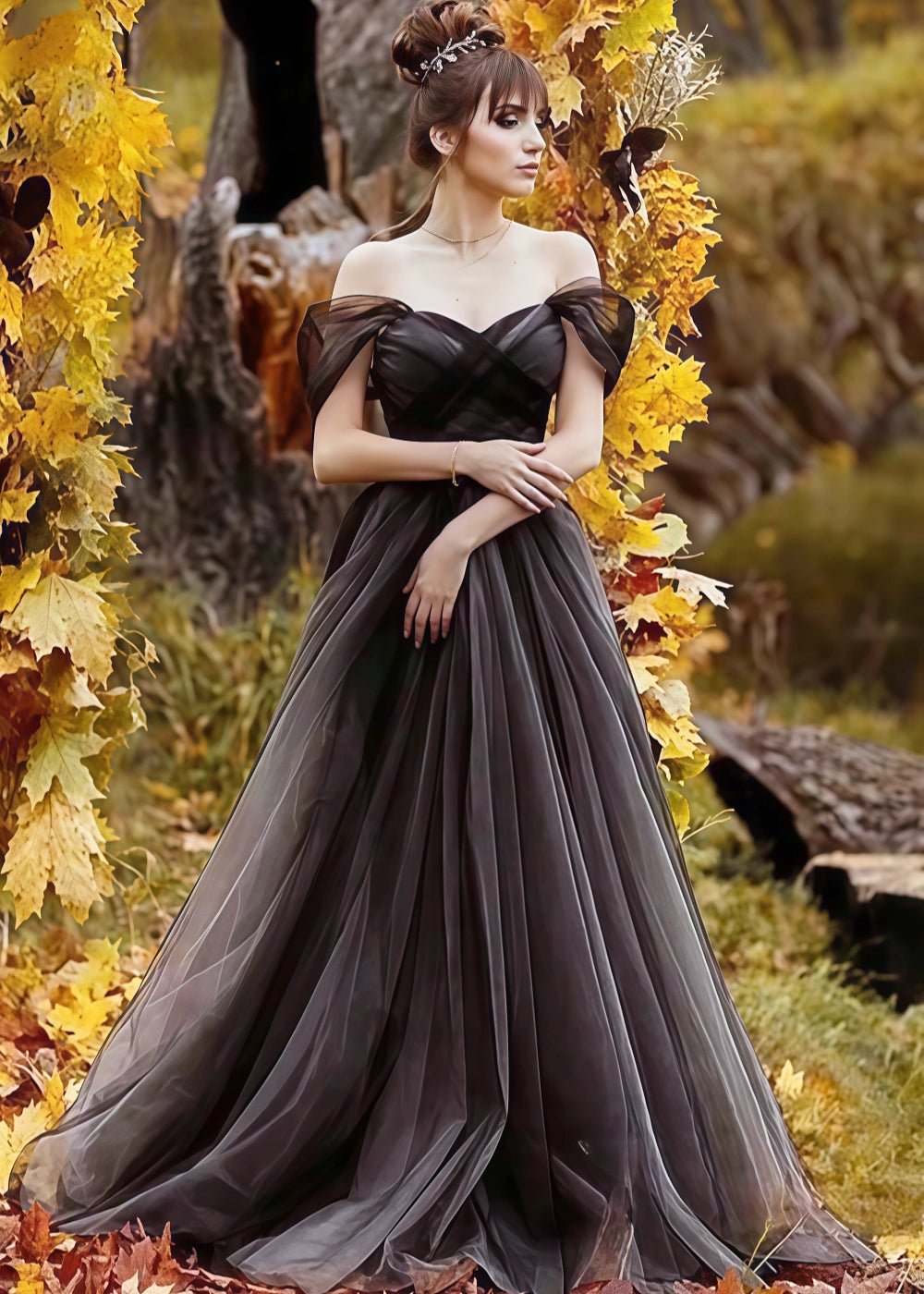 Marguerite | Gothic Black Tie Off the Shoulder Strapless Open Back Wedding Dress - Black - PromDressClub