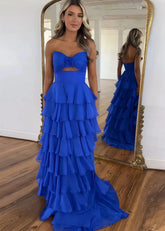 Marjorie | A - Line Sweetheart Chiffon Tiered Long Royal Blue Prom Dress with Slit - Royal Blue - PromDressClub