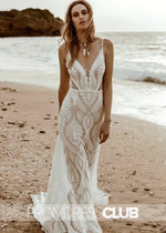 Mary |Long Beach Wedding Dresses Near Me With Floral Mermaid V Neck Plunging Boho Lace Sweep Train - Price #price_variant_lowest# - White - PromDressClub