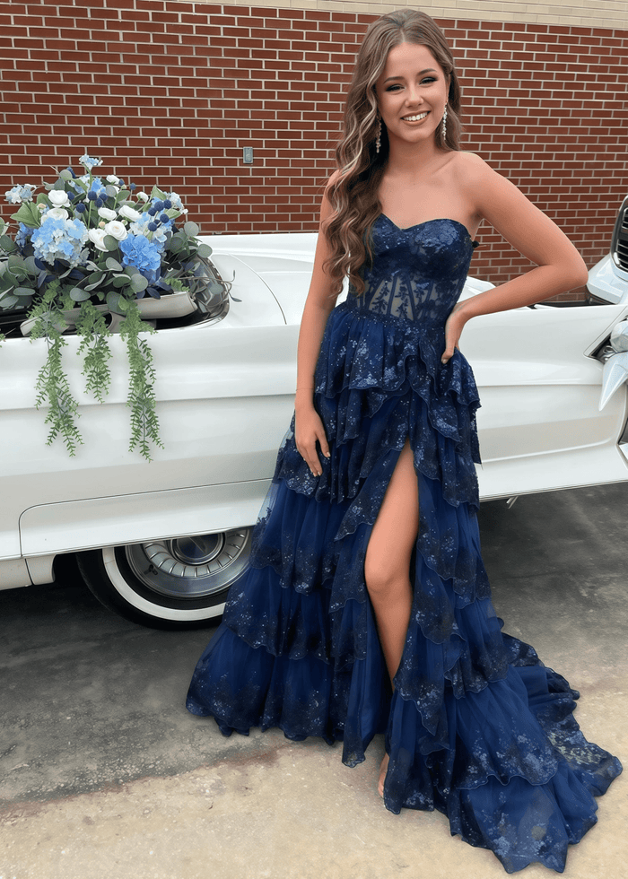 Maud | A Line Sequin Appliques Tiered Navy Blue Maxi Formal Dress Stores Near Me - Price #price_variant_lowest# - Navy Blue - PromDressClub