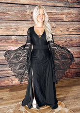 Maureen | Gothic Black V Neck Corset Backless Bell Sleeve Lace Wedding Dress - Black - PromDressClub