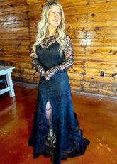 Mavis | Modest Black Long Sleeve High Neck Lace Wedding Dress Under $500 - Black - PromDressClub