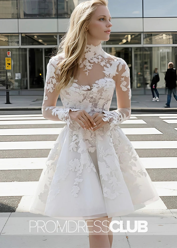 Mavis |Short White Wedding Dresses Near Me With A - Line Illusion Neck Long Sleeves Lace - Price #price_variant_lowest# - White - PromDressClub