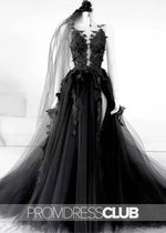 Megan |Long Black Wedding Dresses Near Me With Sexy Black Lace Appliques Sleeveless Tulle Backless Veil - Price #price_variant_lowest# - Black - PromDressClub