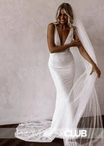 Merry |Long White Wedding Dresses Near Me With Sparkly Mermaid V Neck Sequins Lace - Price #price_variant_lowest# - White - PromDressClub