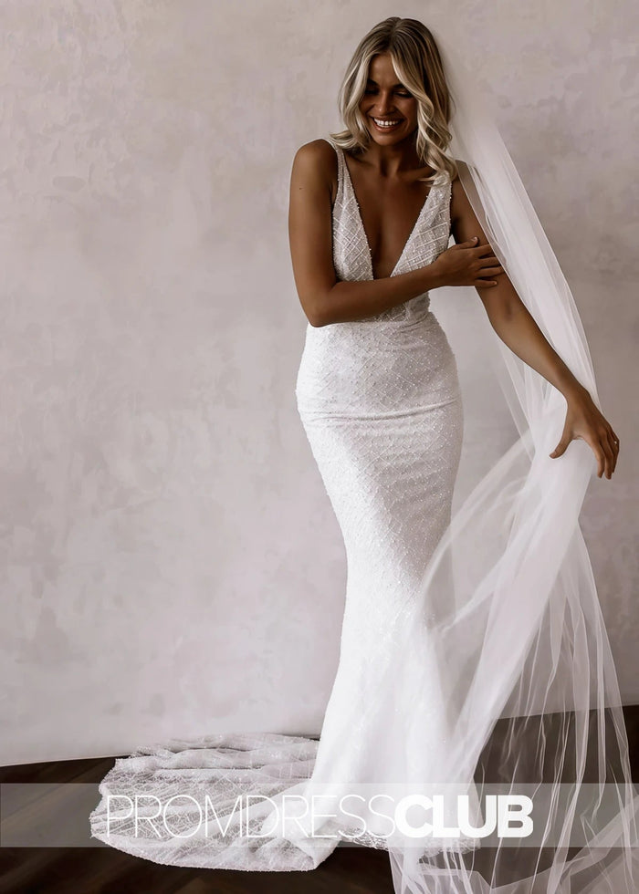 Merry |Long White Wedding Dresses Near Me With Sparkly Mermaid V Neck Sequins Lace - Price #price_variant_lowest# - White - PromDressClub