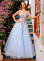 Mia | Exquisite Light Blue Off the Shoulder Flower Corset Prom Dress - Light Blue Floral - PromDressClub
