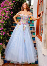 Mia | Exquisite Light Blue Off the Shoulder Flower Corset Prom Dress - Light Blue Floral - PromDressClub