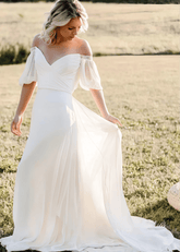 Michelle | Off the Shoulder Puff Sleeve Chiffon Bridal Gown for Outdoor Weddings - Ivory - PromDressClub