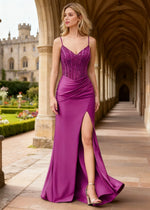 Niam Magenta V - Neck Sequin Prom Dress | Sheath Spaghetti Strap Corset Backless Pleated Satin Formal Dress with Slit - Magenta - PromDressClub