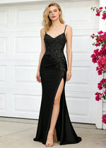 Niamh Beaded Black Lace Dress Prom | Mermaid Spaghetti Strap V-Neck Pleated Satin Formal Dress with Slit