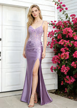 Niamh Beaded Purple Lace Dress Prom | Mermaid Spaghetti Strap V-Neck Pleated Satin Formal Dress with Slit