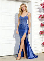 Niamh Beaded Royal Blue Lace Dress Prom | Mermaid Spaghetti Strap V-Neck Pleated Satin Formal Dress with Slit