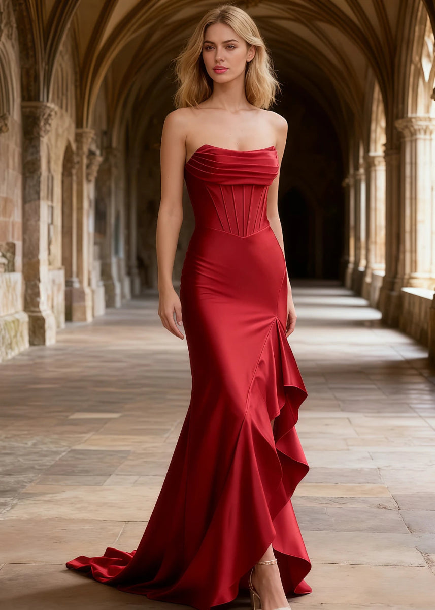 Nora Burgundy Strapless Corset Prom Dress | Mermaid Cowl Neck Floor Length Dress with Ruffled Slits - US0 - PromDressClub