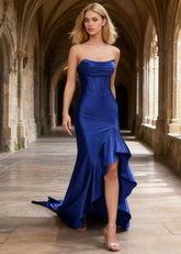 Nora Navy Blue Strapless Corset Prom Dress | Mermaid Cowl Neck Floor Length Dress with Ruffled Slits - US0 - PromDressClub