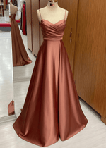 Odelia | A Line Chocolate Satin Long Bridesmaid Dress - Price #price_variant_lowest# - Chocolate - PromDressClub