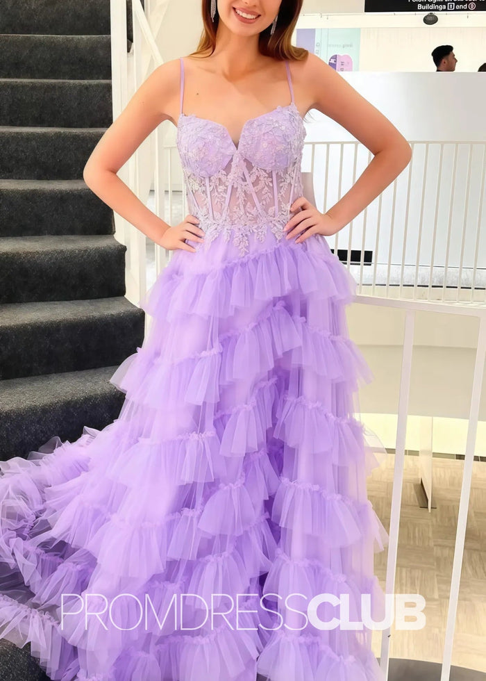 Olive |Long Lilac Prom Dresses Shops With A - Line Tiered Layered Tulle Spaghetti Straps V - Neck - Price #price_variant_lowest# - Lilac - PromDressClub