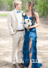 Olivia |Long Blue Prom Dresses Near Me With Mermaid Strapless Chiffon Tiered Ruffle Slit - Price #price_variant_lowest# - Blue - PromDressClub