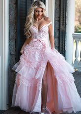 Ophelia | Stunning Light Pink Off the Shoulder Corset Ruffle Prom Dress with Bow - Light Pink - PromDressClub