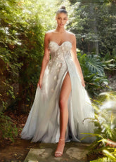 Penelope | Gorgeous Dusty Blue A Line Corset Strapless Prom Dress with Slit - Dusty Blue - PromDressClub