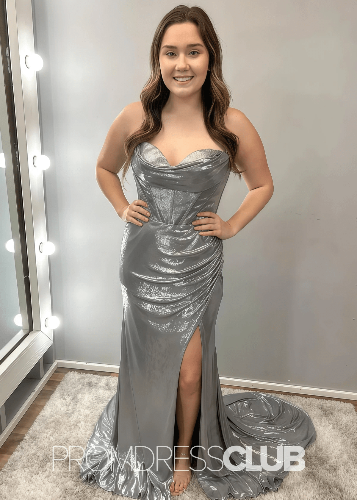 Prima |Grey Metallic Long Prom Dresses Websites With Mermaid Sweetheart Ruched Corset Slit - Price #price_variant_lowest# - Grey - PromDressClub