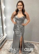 Prima |Grey Metallic Long Prom Dresses Websites With Mermaid Sweetheart Ruched Corset Slit - Price #price_variant_lowest# - Grey - PromDressClub