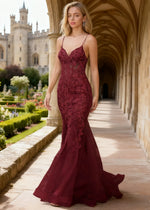 Quinn Burgundy Flower Mermaid Prom Dress | Spaghetti Strap V - Neck Open Back Tulle Gown - Burgundy - PromDressClub