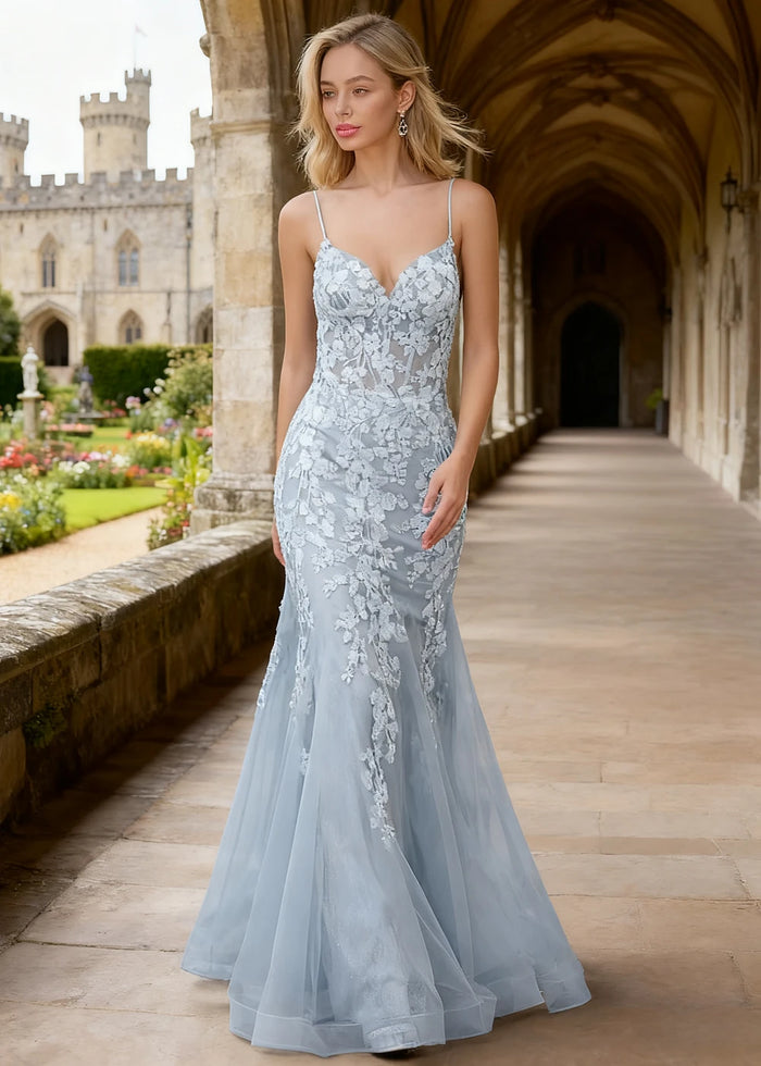 Quinn Light Blue Flower Mermaid Prom Dress | Spaghetti Strap V - Neck Open Back Tulle Gown - Light Blue - PromDressClub