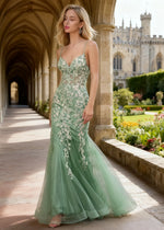 Quinn Light Green Flower Mermaid Prom Dress | Spaghetti Strap V - Neck Open Back Tulle Gown - Light Green - PromDressClub