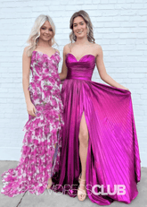 Regina |Fuchsia Metallic Long Prom Dresses Websites With A Line Sweetheart Pleated Slit - Price #price_variant_lowest# - Fuchsia - PromDressClub