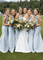 Renata | Elegant Straps Sheath Column Bows Pleats Light Blue Satin Long Bridesmaid Dress - Price #price_variant_lowest# - Light Blue - PromDressClub