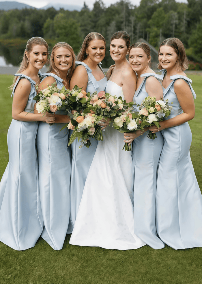 Renata | Elegant Straps Sheath Column Bows Pleats Light Blue Satin Long Bridesmaid Dress - Price #price_variant_lowest# - Light Blue - PromDressClub