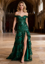 Reverie Emerald Green Ruffle Off the Shoulder Prom Dress | Mermaid Sweetheart Strapless Sequin Dress Split - US0 - PromDressClub