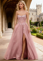 Rhea Pink Corset Glitter Prom Dress | A - Line Strapless Floor Length Formal Dress with Slit - Pink - PromDressClub