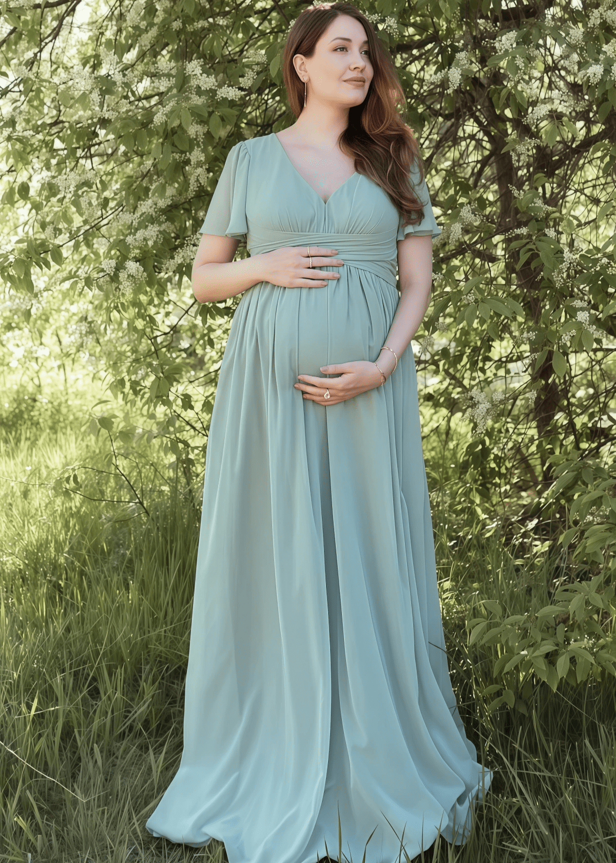 Salome | A Line Maternity Plus Size Sage Green Chiffon Long Bridesmaid Dress - Price #price_variant_lowest# - Sage - PromDressClub