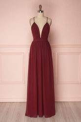 Wallis |Sheath Chiffon Burgundy Bridesmaid Dress Long V Neck - Burgundy - PromDressClub