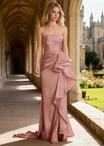 Sian Dusty Rose Strapless Ruffle Prom Dress | Sheath Pleated Backless Long Formal Dress with Slit - Dusty Rose - PromDressClub