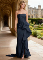 Sian Navy Blue Strapless Ruffle Prom Dress | Sheath Pleated Backless Long Formal Dress with Slit - Navy Blue - PromDressClub