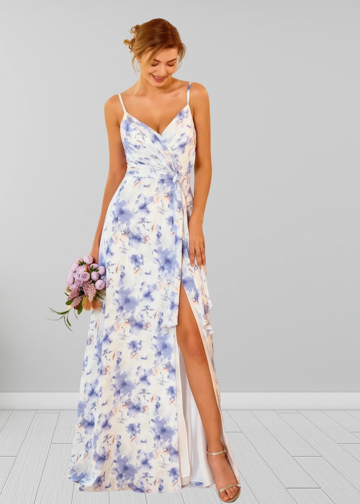 Sigrid | White Blue Floral Print Spaghetti Straps Chiffon Long Bridesmaid Dress - Price #price_variant_lowest# - Blue Floral - PromDressClub