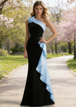 Soren Black and Light Blue Prom Dresses with One Shoulder | Sheath Ruffle 3D Flower Black Tie Wedding Guest Dress - Light Blue - PromDressClub