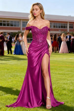 Starlit Fuchsia Floral Off the Shoulder Prom Dress | Strapless Sweetheart Neckline Corset Pleated Dress with Slit - US0 - PromDressClub