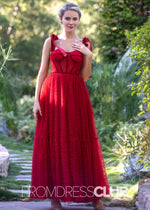 Stephanie |Red Long Prom Dresses With A Line Square Neckline Corset Dotted Tulle - Price #price_variant_lowest# - Red - PromDressClub