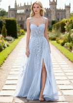 Tansy Sky Blue Lace Beaded Prom Dress | A - Line Sweetheart Neckline Corset Tulle Slit Gown - Sky Blue - PromDressClub